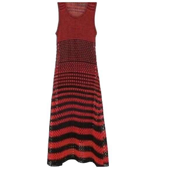 Zara  Studio Red Black Linen Maxi Long Knit Crochet Dress Sz M - Picture 8 of 16